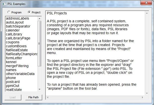 PSL Examples dialog listing Project examples with descriptions