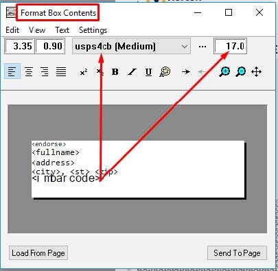 Format Box Contents dialog in PSL Page Builder with the usps4cb IMb font applied to the barcode field