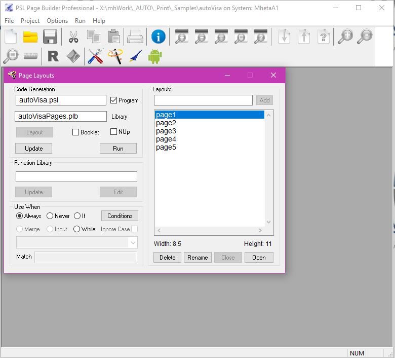 PSL Page Builder page layouts screen with code generation and layout library