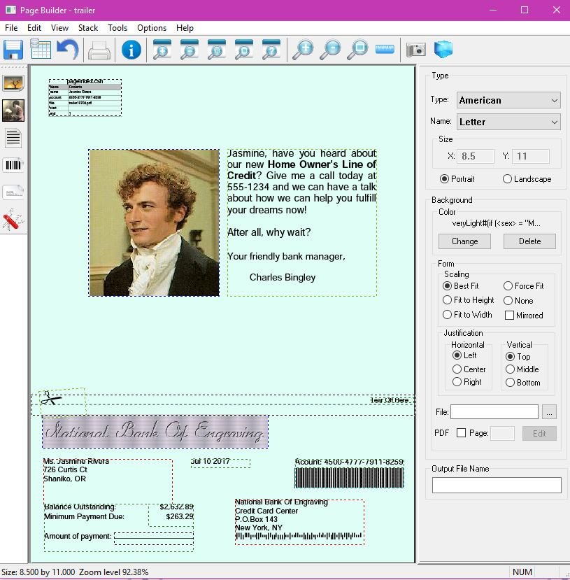 Variable data letter with photo, personalized copy and remittance stub in the PSL editor