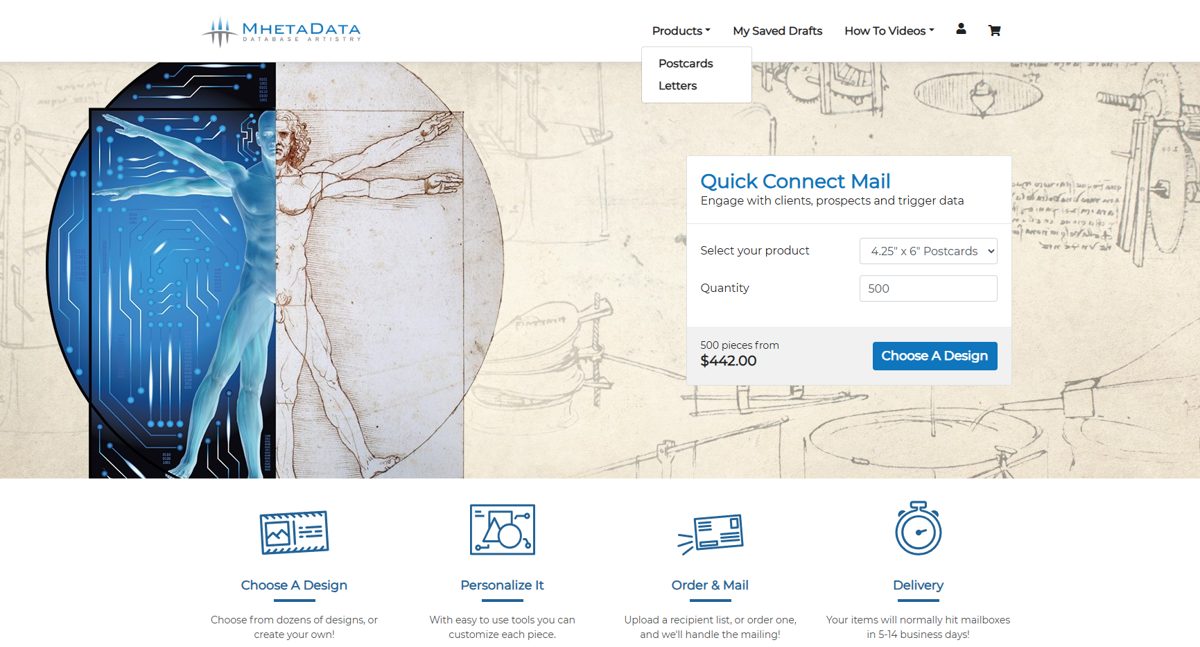Quick Connect Mail online postcard printing and mailing portal home screen with product, quantity and instant price