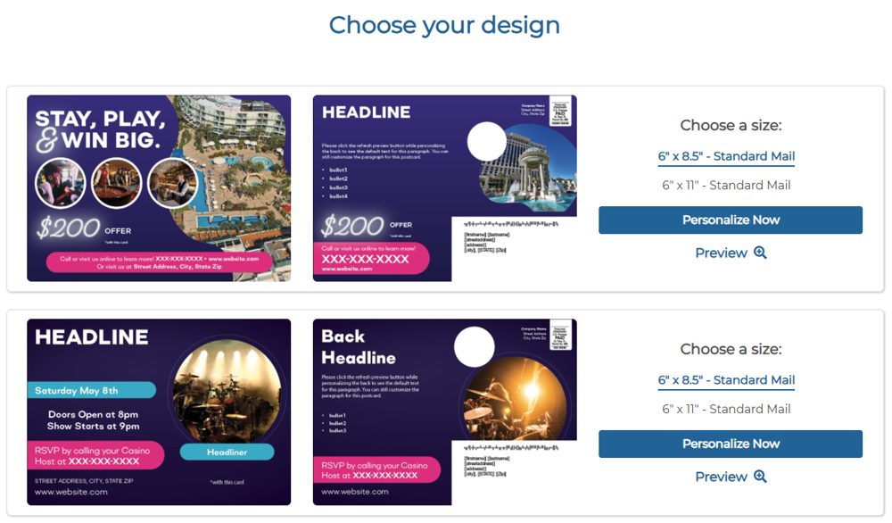Casino postcard templates with front and back previews, size choice and Personalize Now button