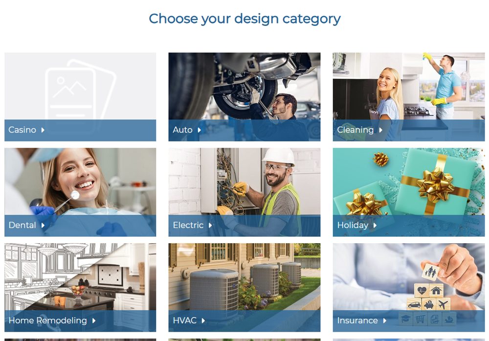 Postcard portal design categories: casino, auto, cleaning, dental, electric, holiday, home remodeling, HVAC and insurance