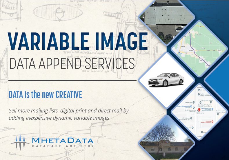 Variable image data append services for direct mail, showing aerial, map, vehicle and property images